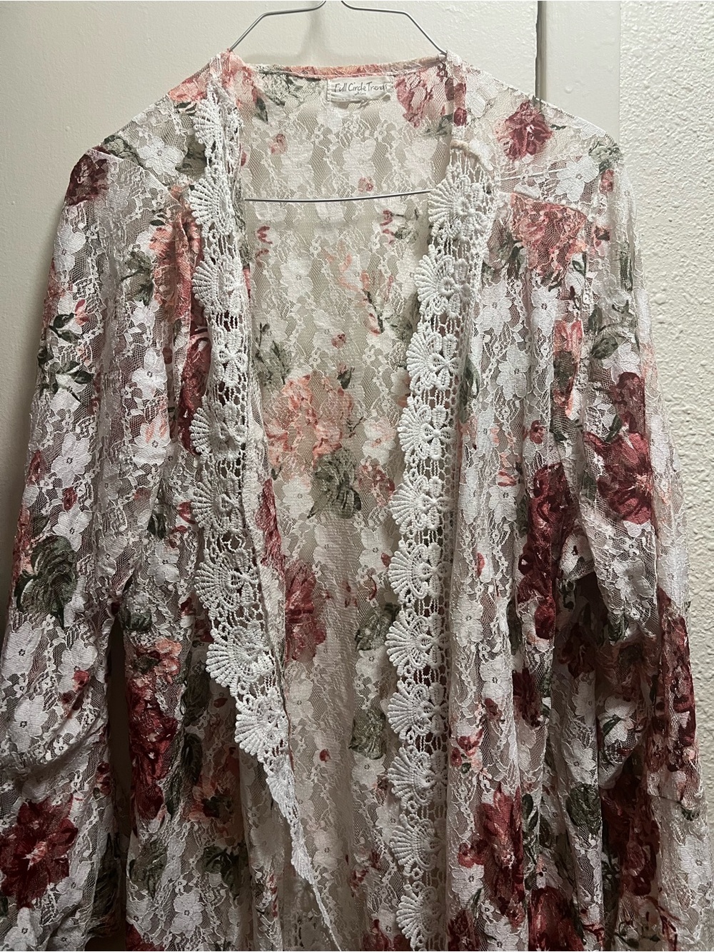 Floral Lace Kimono Cardigan in White with Rose Print